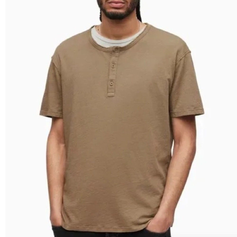 All Saints Tan Olive Green Henley Tee Sz XL